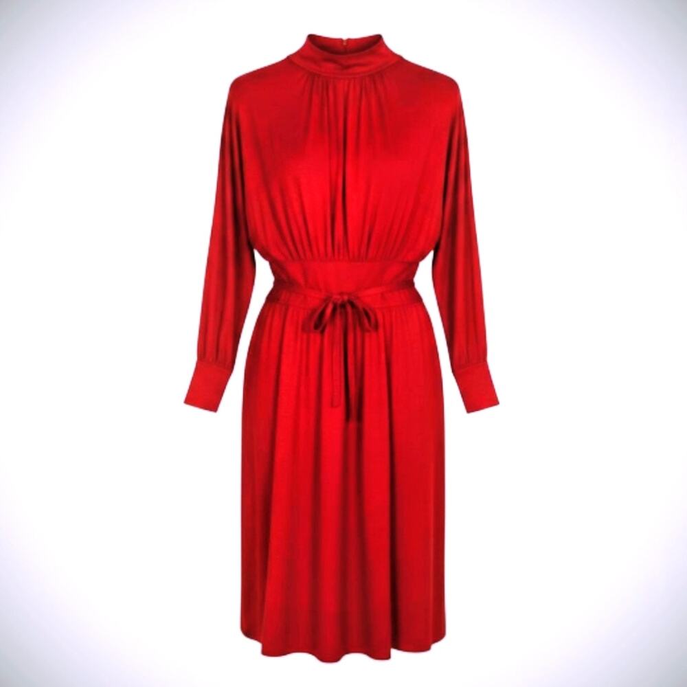 Pauline Trigere Red Wool Jersey Midi Dress Mock Neck Belted Vintage Size 6
